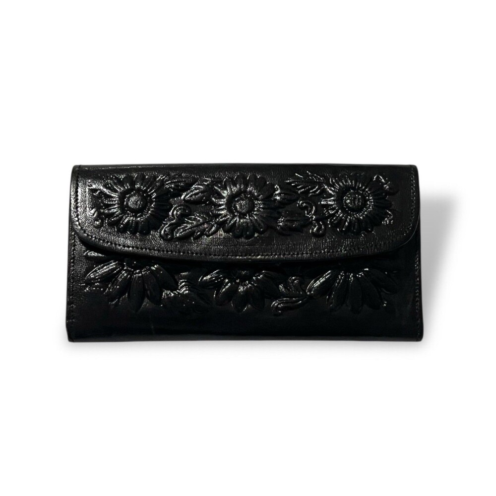 Mexican Embossed Leather Wallet Shiny Black Checkbook Flowers Handmade New